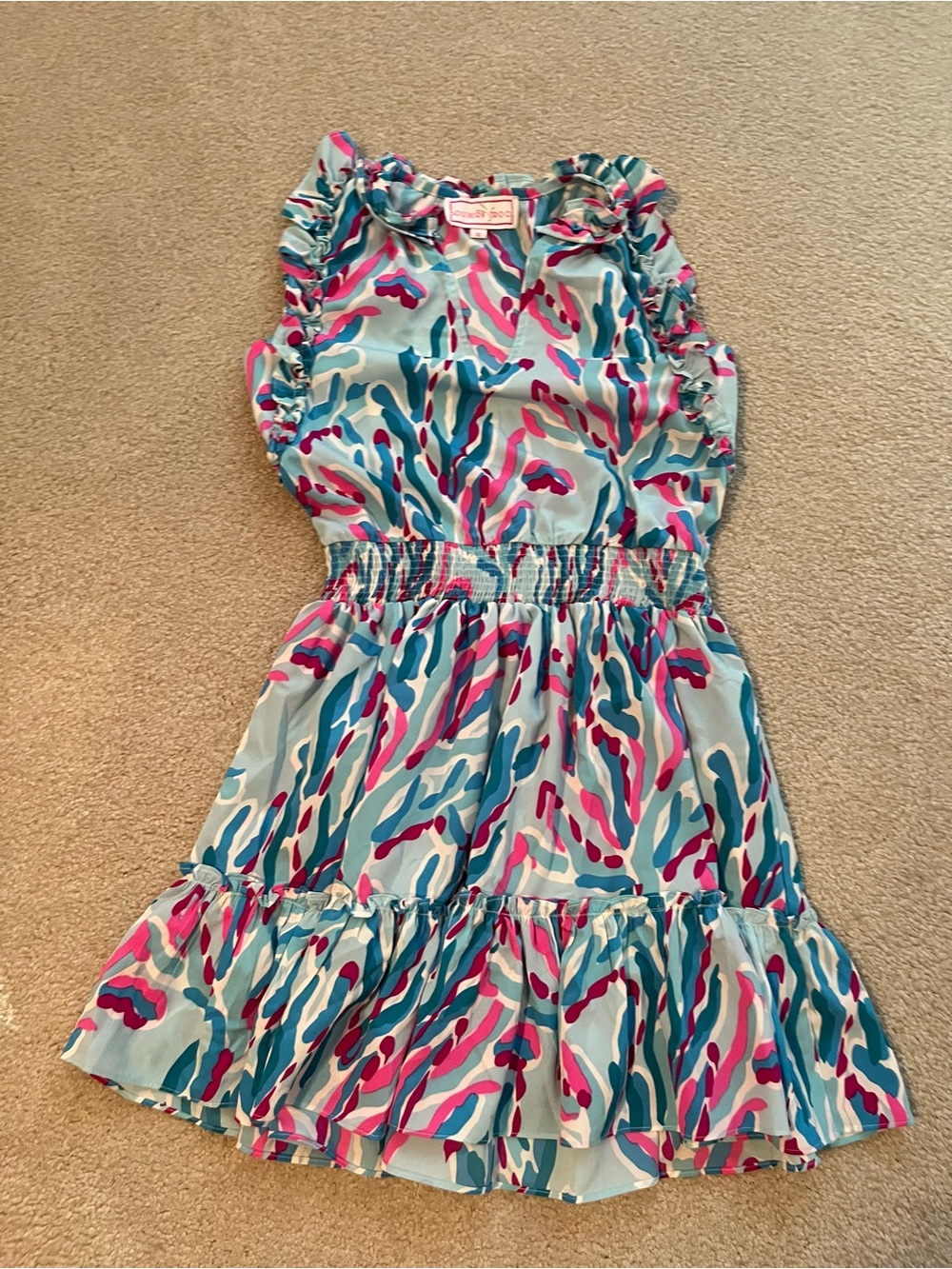 Southern Frock Turquoise Coral Ruffled Elastic-Waist Sundress